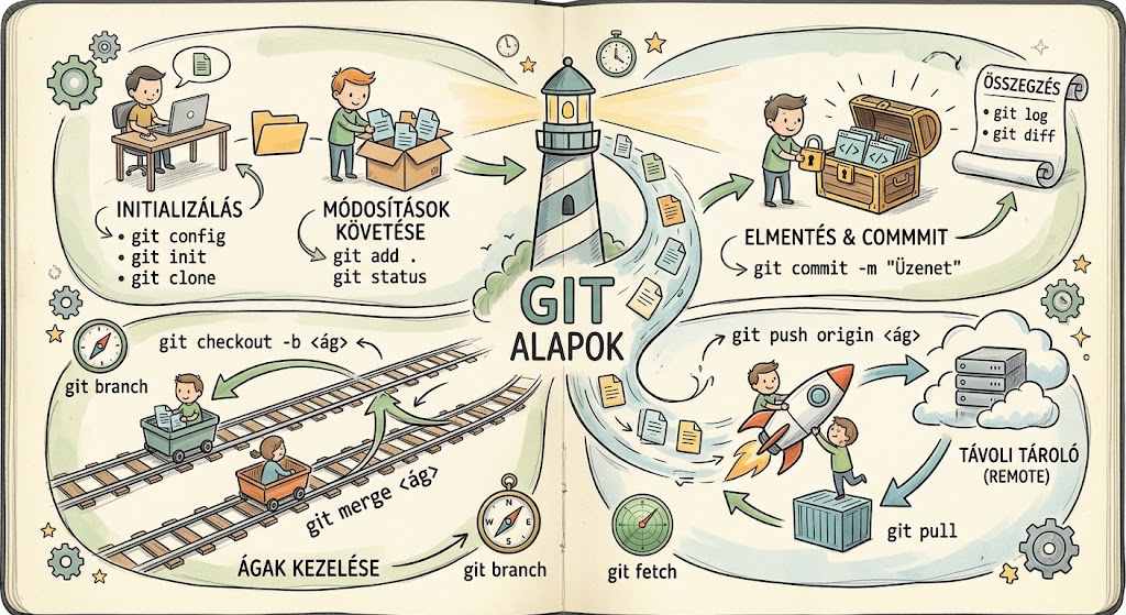 Infografika a Git alapvető parancsairól: inicializálás, módosítások követése, commit, ágkezelés és távoli tároló